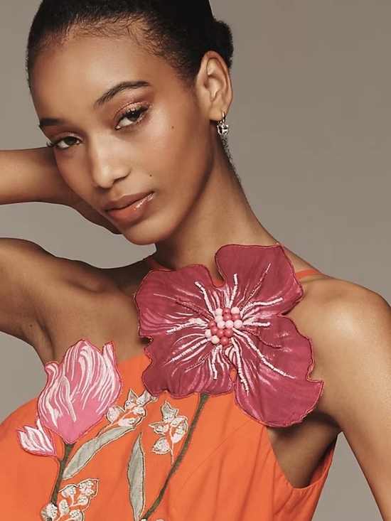 Anthropologie Dresses & Skirts - Anthropologie Orange Maxi Dress with Pink Floral Appliqué